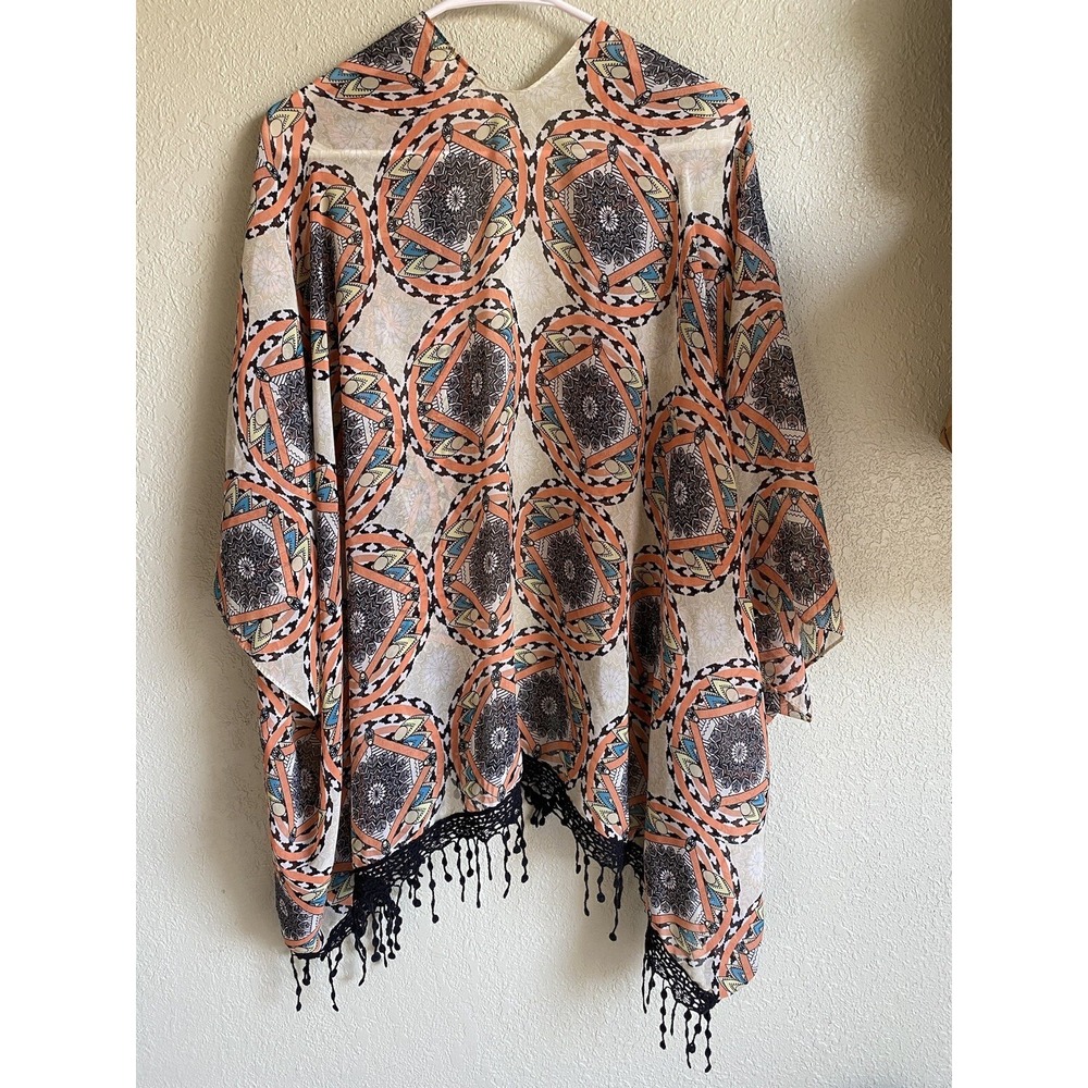 Boho Paisley Kimono Cover Up Large Multi-Color Crochet Trim Fringe Festival Wrap - Picture 2 of 2